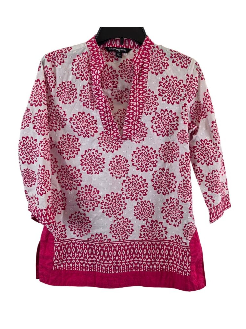Sharagano Tunic Womens S Pink White Floral Cotton Split Neck 3/4 Sleeve Border H
